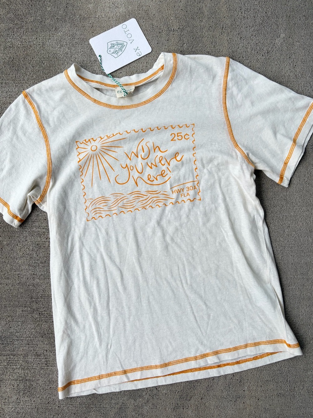 Ex Voto postcard tee graphic short sleeve t-shirt wish you were here beach NWT